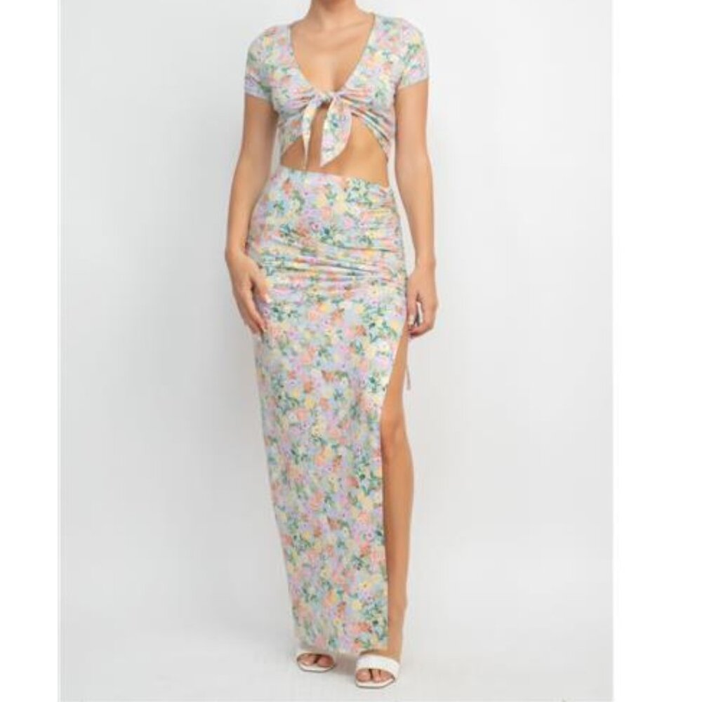 Front Knot Floral Top & Ruched Maxi Skirt Set